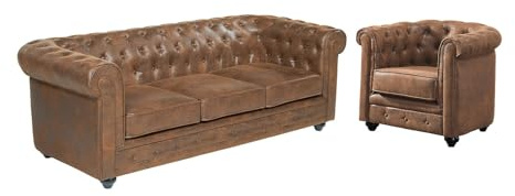 Vente-unique - Canapé 3 Places et Fauteuil Chesterfield en Microfibre Aspect Cuir Vieilli