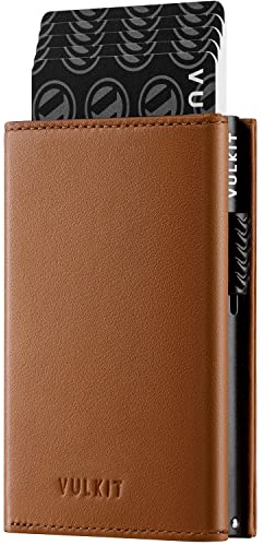 VULKIT Credit Card Holder RFID Blocking Top Grain Cowhide Leather Pop Up Card Wallet with Banknote Compartment, ID Window, Coin Pocket & Magnetic Closure