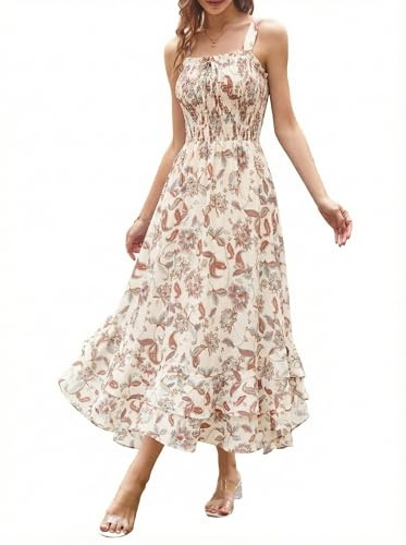 GRACE KARIN Women's 2025 Summer Floral Boho Dress Square Neck Strapped Swing A Line Sundress Beach Long Maxi OutfitsBeige M