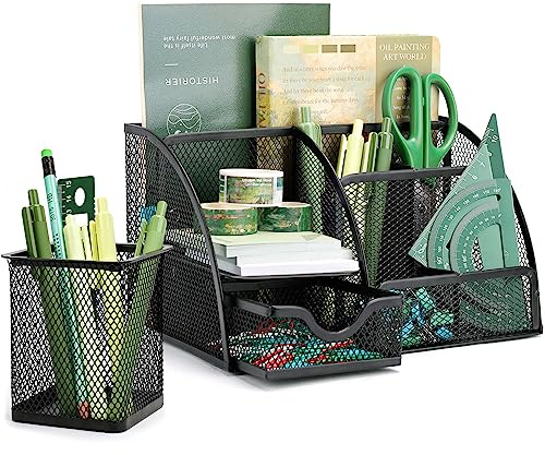 UMILKI Organizzatore da Scrivania, 1 Portaoggetti da Scrivania in Metallocon cassetto+1 Porta Penne per Scrivania, Multifunzione Archiviazione in Rete per la Scuola, Casa, Ufficio