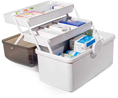 Theo&Cleo Medikamenten Aufbewahrung, Medizinbox, Hausapotheke Box, Apothekenbox, Medizinkoffer Groß (Weiß-39cm)