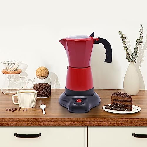 WSIKGHU 300ML Espressokocher Elektrisch Elektrischer Espresso-Kocher mit Basis für 6 Espressotassen 480W Aluminiumlegierung Base 360° Rotatable Kaffeemaschinen für das Büro und zu Hause (Rot)