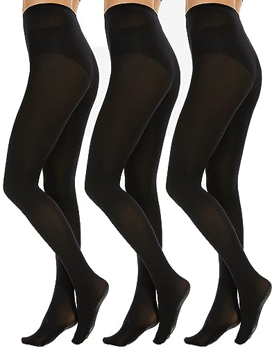 Citystl 3 Pairs Black Tights for Women, Plus Size 60D Semi Opaque Tights, Control Top Microfiber Pantyhose for Women (Black*3, L)
