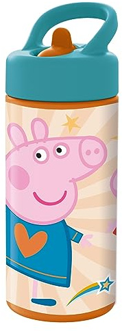 P:os 35142 – Peppa Gris vattenflaska för barn, vattenflaska med integrerat sugrör, ca 410 ml kapacitet, läckagesäker, för skola, sport och fritid
