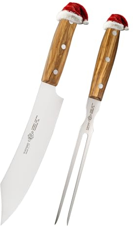 EIKASO SOLINGEN Tranchiermesser Set 2tlg Molybdänstahl 1.4116 mit edlem Olivenholzgriff perfekt geeignet für Truthahn Gans und ideal Weihnachten für die ganze Familie…(Kochmesser + Fleischgabel)