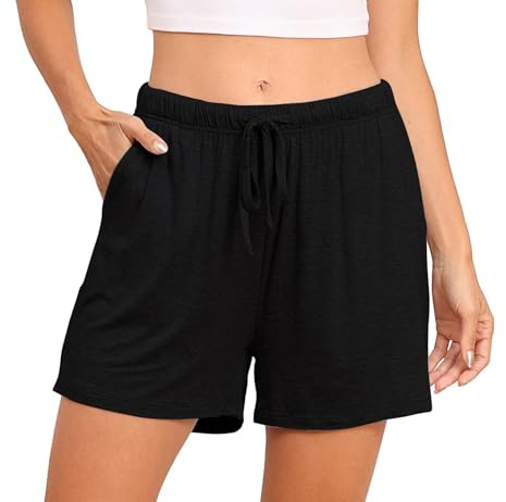 Lovasy Pantalon Corto Mujer Modal Pantalones de Verano Mujer Ligero con Bolsillos y Cordón,Negro,L