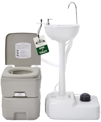 Hike Crew Portable Camping Sink & Toilet | Large Hand Washing Station with 4.5 Gal Capacity, Hands-Free Foot Pump, Faucet, Soap Dispenser & Towel Rack | Includes Travel Toilet with 5 Gal Waste Tank