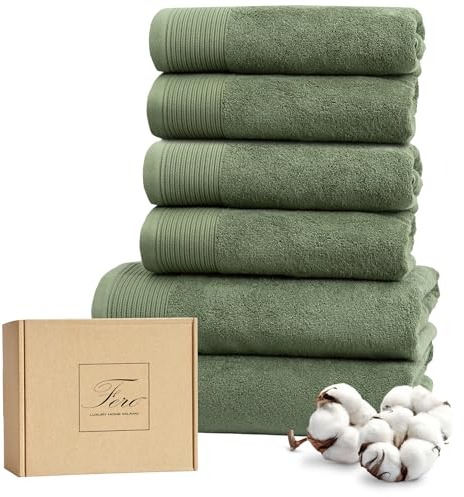 Ferò Luxus Handtücher Set, 6-teilig, 100% Baumwolle Low Twist 550 g/m², Ultra Weich und Saugstark, Oeko-TEX, Italienisches Design, Bath Towels, 4 Handtücher 50x100cm, 2 Badetuch 70x140cm, Grün