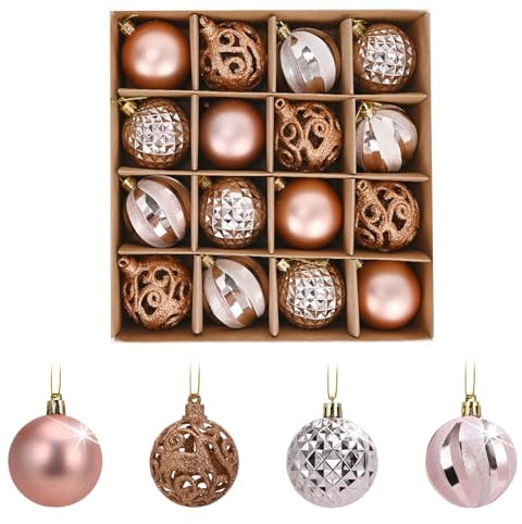 FILOEEX 16pcs Rose Pink Gold Shatterproof Christmas Baubles Set - 6cm Xmas Tree Hanging Ball Decorations for Holiday Party