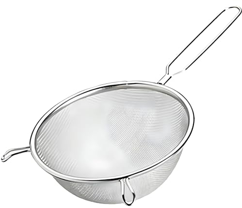 PARENCE.- Passoire à Maille Fine en Acier Inoxydable - Tamis de Cuisine de 21cm de Diamètre, Crochets de Support - 35x21cm, Polyvalent, Efficace, Argent