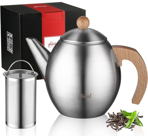 glastal Silberne Teekanne aus Edelstahl 1200ml mit 18/8 Edelstahl Teesieb Teebereiter Geeignet für Teewarmer