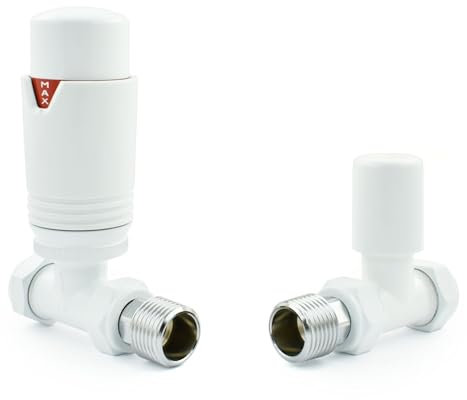 Hot Flow Válvula termostática de radiador TRV recta totalmente blanca (par) incluye cuerpo TRV recto, cabezal de rueda y escudo de bloqueo para un control rápido y fácil de la temperatura. Perfecto