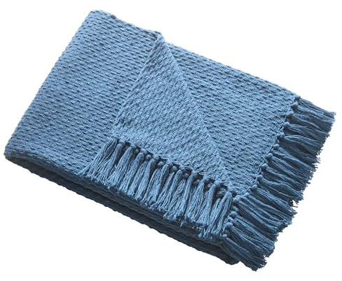 Drift Home - Blaugrüner Überwurf mit Quaste (180 x 130 cm) – nachhaltige recycelte Baumwolle – gewebte Decke in Blaugrün – Korbgeflecht – strukturierte Sofaüberwurfdecke blaugrün – blaugrüne