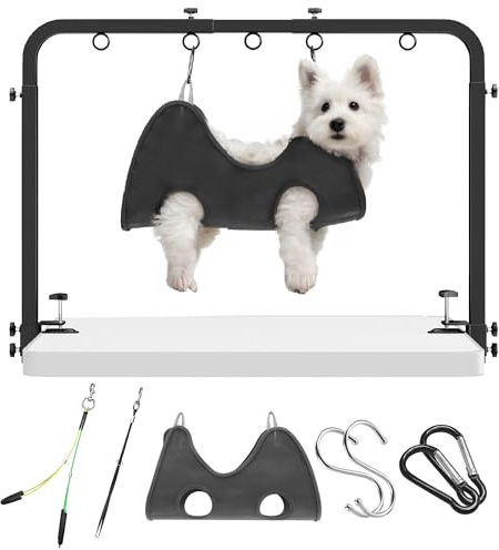 Bras de Toilettage pour Chien Réglable pour Table, Hauteur Jusqu’à 107 cm, Largeur 69–99 cm, Pince Jusqu’à 7 cm, avec Hamac et 2 Sangles, Support de Toilettage pour Chiens et Chats