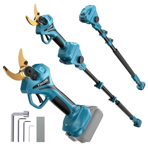 TIHOOK 2-in-1 Cordless Electric Secateurs, 40mm Brushless Motor Pruning Shears w/8.2 ft Reach Pole, MAX Cut 60mm for Makita BL-18V Battery, w/LCD Display Power Pruner for Gardening (NO Battery)