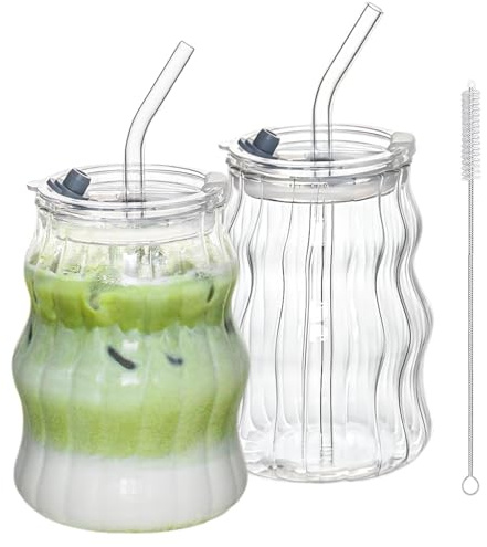 AUTOWNLUX Juego de 2 vasos acanalados con pajitas de cristal, 530 ml, vasos de burbujas vintage para café helado, bebidas largas, cócteles y agua, elegantes vasos de cristal ondulado