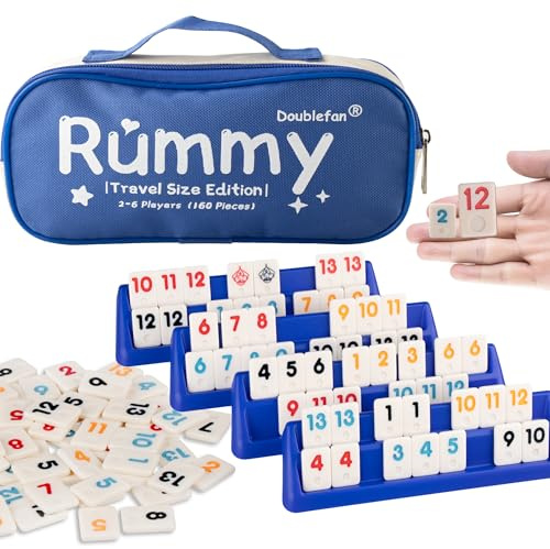 Doublefan Mini Rummy Set, Rummy-Spiel in Reisegröße mit strapazierfähiger Segeltuchtasche für Erwachsene und Kinder, 160 Steine, 6 Spielständer, 1 Würfel (2-6 Spieler)