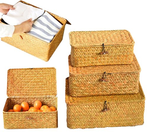 Cesto Portaoggetti, Set Di 3 Cestini In Rattan Con Coperchio Cestini Regalo Multifunzionali In Giunco Marino Intrecciato Organizer Per Trucchi Per Bagno Soggiorno Cucina