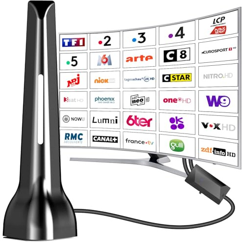 Antenne TV intérieur puissante,Antenne TNT intérieure équipée d'un amplificateur de Signal à Gain élevé,réception Longue Distance jusqu'à 420 km avec Base magnétique