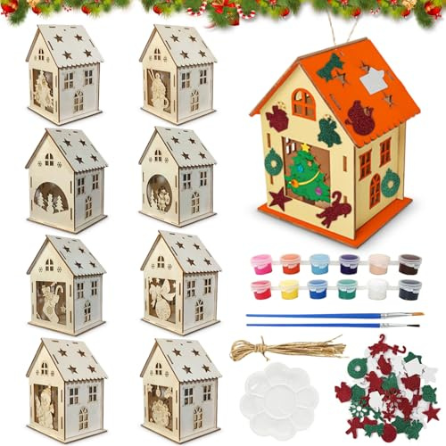 8 Piezas Casa de Navidad de Madera, Juegos de Pueblo de Navidad, Kit de Construcción de Navidad para Niños, DIY Manualidades, Divertida Decoración Navideña, Miniaturas Village Pueblo Escenas