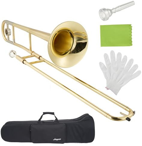 B Flat Alto Trombone, Brass Trombone with Gold Laquer, Includes Mouthpiece, Case, Cleaning Cloth, Gloves