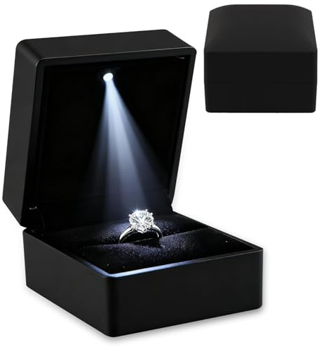 Ring Box with LED Light Ring Earring Case for Jewelry Display Gift Luxury Auto Lighted Up for Proposal Wedding Engagement Anniversary Couple for Ring up to 2.3 cm (Black, Square 6× 6.5 ×5 cm)