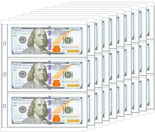Ettonsun 10 Sheets Coin Collecting Pages, Pocket Inserts Collecting Sleeves Collection Storage Supplies (3-Pocket Currency Sheets)
