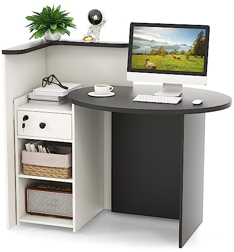 COSTWAY Empfangstheke, Empfangstresen mit abschließbarer Schublade, verstellbarem Regal, ovaler Tischplatte, Einzelhandelstheke weiß und schwarz, Rezeptionstheke für Rezeption, Salon und Büro (Braun)