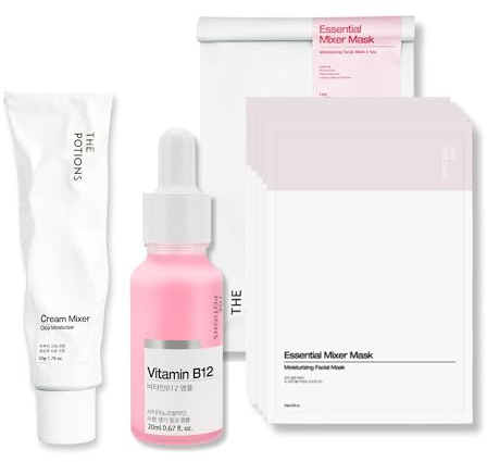 The Potions Hydrating Glow Routine Set – Vitamin B12 Ampoule, Cream Mixer & Essential Sheet Mask (5 Count) | Moisture-Locking Skincare Bundle