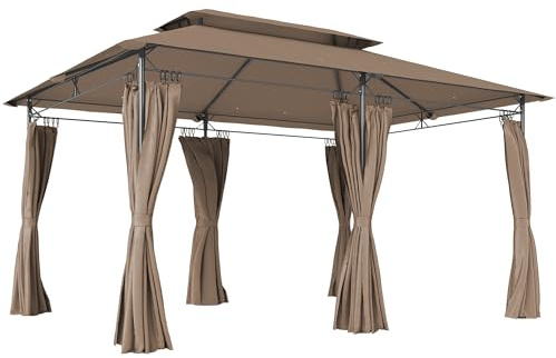 Outsunny - Cenador de jardín al aire libre, 3 x 4 m, 6 columnas de metal - pabellón de jardín con doble techo transpirable, 12 ojales de drenaje y cobertizo solar para terraza y eventos, color caqui