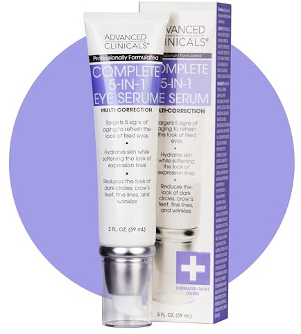 Advanced Clinicals 5-in-1 Multi Correction Anti-Aging Eye Serum with Retinol Collagen Vitamin C and Manuka Honey. For dark circles wrinkles crow's feet fine lines. Large 2oz airless tube.