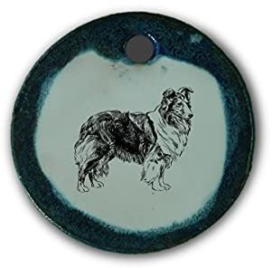 Schöner Keramik-Anhänger „Collie“ in blau marmoriert; Schmuck Kette Kettenanhänger Geschenk Kunsthandwerk Keramik rund Talisman Halskette Aufmerksamkeit Mitbringsel individuell