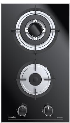 Hermitlux Plaque de Cuisson Gaz 2 Feux Encastrable, 4300W, 30cm, Gaz Ville et Bouteille, Verre Noir