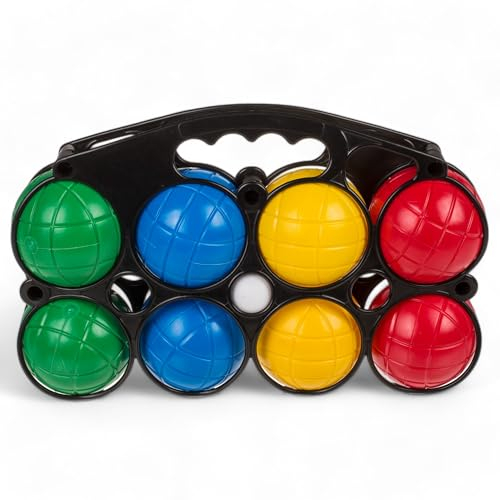 MIJOMA Familienfreundliches Boccia Spiel-Set - 8 Kunststoffkugeln in Leuchtfarben, Ø7cm, inkl. Tragekorb u. Zielkugel für Strand, Garten & Freizeit