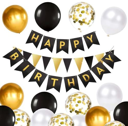 YELYAN Happy Birthday Banner, Balloons, Bunting & Ribbons - Black & Gold - 23pcs