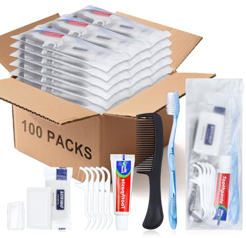 HQSLsund 100 Sets Personal Hygiene Kit Basic Toiletry Kits Homeless Supplies Bulk for Women,Men,Travel,Charity,Business Include 100 Toothbrush,100 Toothpaste,100 Comb,100 Bath Soap,500 Floss Pick
