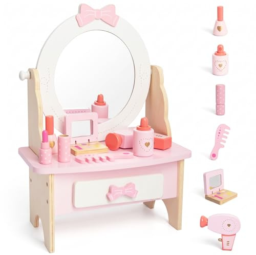 Set da toeletta in legno per bambini, giocattolo da tavolo con specchio girevole a 360°, set di accessori per il trucco, regalo per bambine dai 3 anni in su (bianco)
