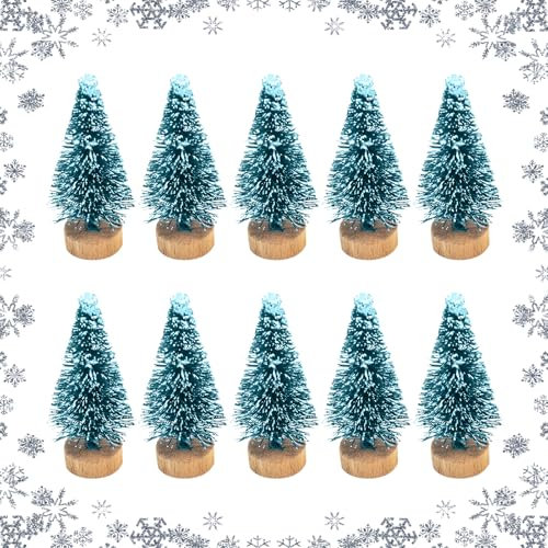 Lot de 10 mini sapins de Noël artificiels - 6,5 cm - Petite table - Avec socle en bois - Pour l'hiver, la maison, le bureau - Décoration de bureau (B)