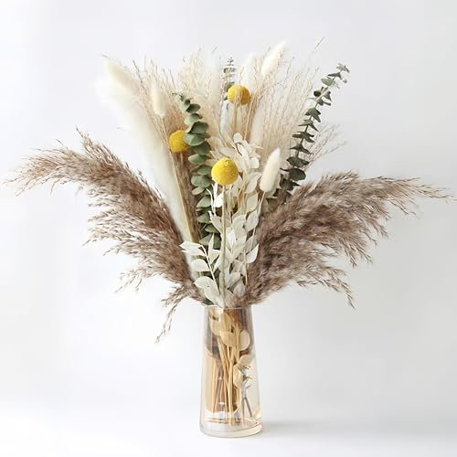 Trockenblumen Deko - 60 Stück Pampasgras Getrocknet - Eleganter Trockenblumenstrauß für Vasen - Dried Flowers, Deko Blumen Ideal für Boho Wohnzimmer & Hochzeit-LUFTSCHLOSS
