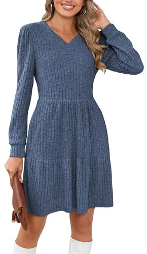 Famulily Casual Jumper Dress Ladies Long Sleeve Pullover Skater Dress for Women UK Loose Knitted Tunic Dress with Pockets Blue S