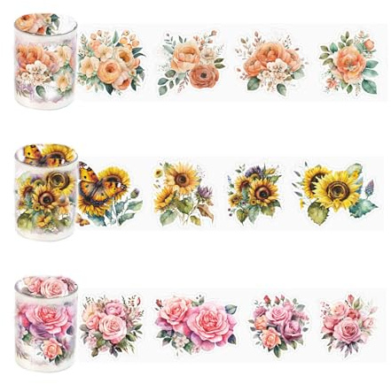 HNLMZ Washi Tape Set, 3 rullar klippbok klistermärken, blommor PET Washi tejp, PET transparent dekorativa klistermärken för klippböcker, dagböcker, anteckningsblock används och gör-det-själv-fotoalbum
