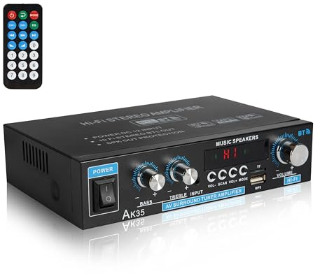 Stereo Amplifier Bluetooth 5.0 Receiver Home Audio 100Wx2 Dual Channel Speaker Amplifier with FM Radio, USB, SD Card Input for Home Theater Audio Stereo System with Remote Control