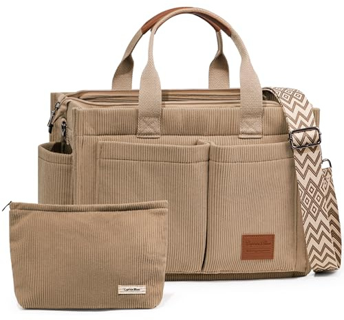Captain Blues Corduroy Tote Bag for Women with Zipper, Large Capacity Work Bags Shoulder Handbag for School, Travel, College, Teacher with Adjustable Strap & Pockets (Khaki)