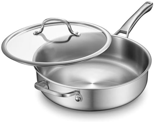 Tri-Ply rostfritt stål stekpanna med lock, djup induktionsstekpanna, giftfri stekpanna för alla hällar, ugnssäker upp till 260 ° C