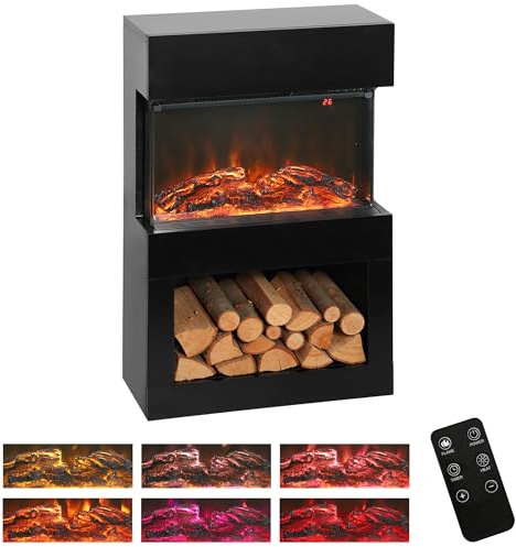 HOMCOM Camino Elettrico da Terra Effetto Fiamma 3D a 6 Colori e 3 Luminosità e Vano Portalegna, Caminetto Elettrico 1000W/2000W con Termostato, Riscaldamento Regolabile, Telecomando, Timer, 30㎡, Nero
