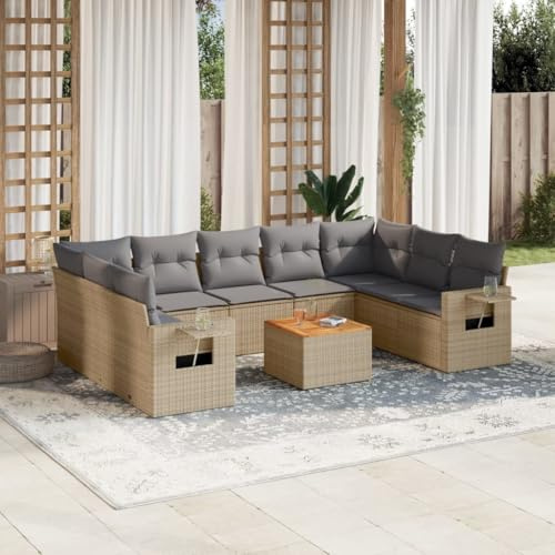 YUTAASU Set di 10 divani da giardino con cuscini beige, in polyrattan, set modulare con tavolino e ripiani, mobili durevoli in rattan sintetico per terrazza, esterni, gruppo di sedute