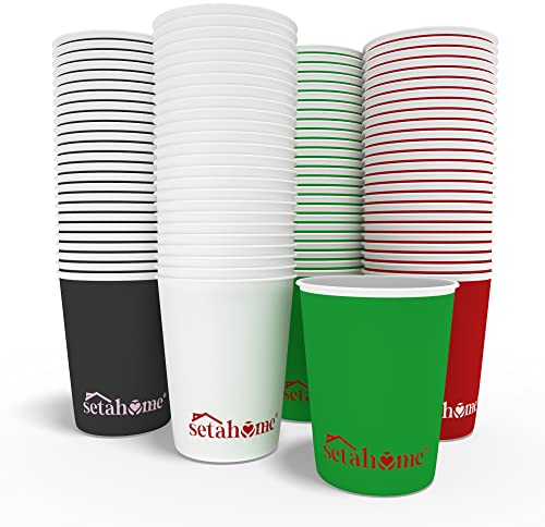 Vasos de Papel 210 ml || Pack de 100 Unidades (25 Blancos, 25 Negros, 25 Verdes, 25 Rojos) || Desechables para Bebidas Frías y Calientes || Perfectos para Fiestas, Eventos y Uso Doméstico