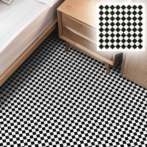 Self Adhesive Floor Tiles, Vinyl Flooring Peel and Stick Floor Tiles | Waterproof Black and White Checkered Effect for Bathroom Kitchen Bedroom,30x30cm（12 X 12 inches）18 pcs(1.62㎡)