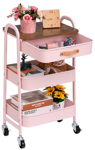 DOEWORKS Rollwagen Metall mit Schublade Servierwagen mit Rollen 3 Etagen Küchenwagen Bastelwagen Rollwagen Küche Aufbewahrungswagen für Wohnzimmer Schlafzimmer Badezimmer Büro, Rosa
