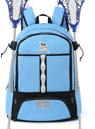 Boulder Bee Lacrosse Backpack with Stick Holders, Field Hockey Bag, Lacrosse Gift for Women (Pink and Blue)